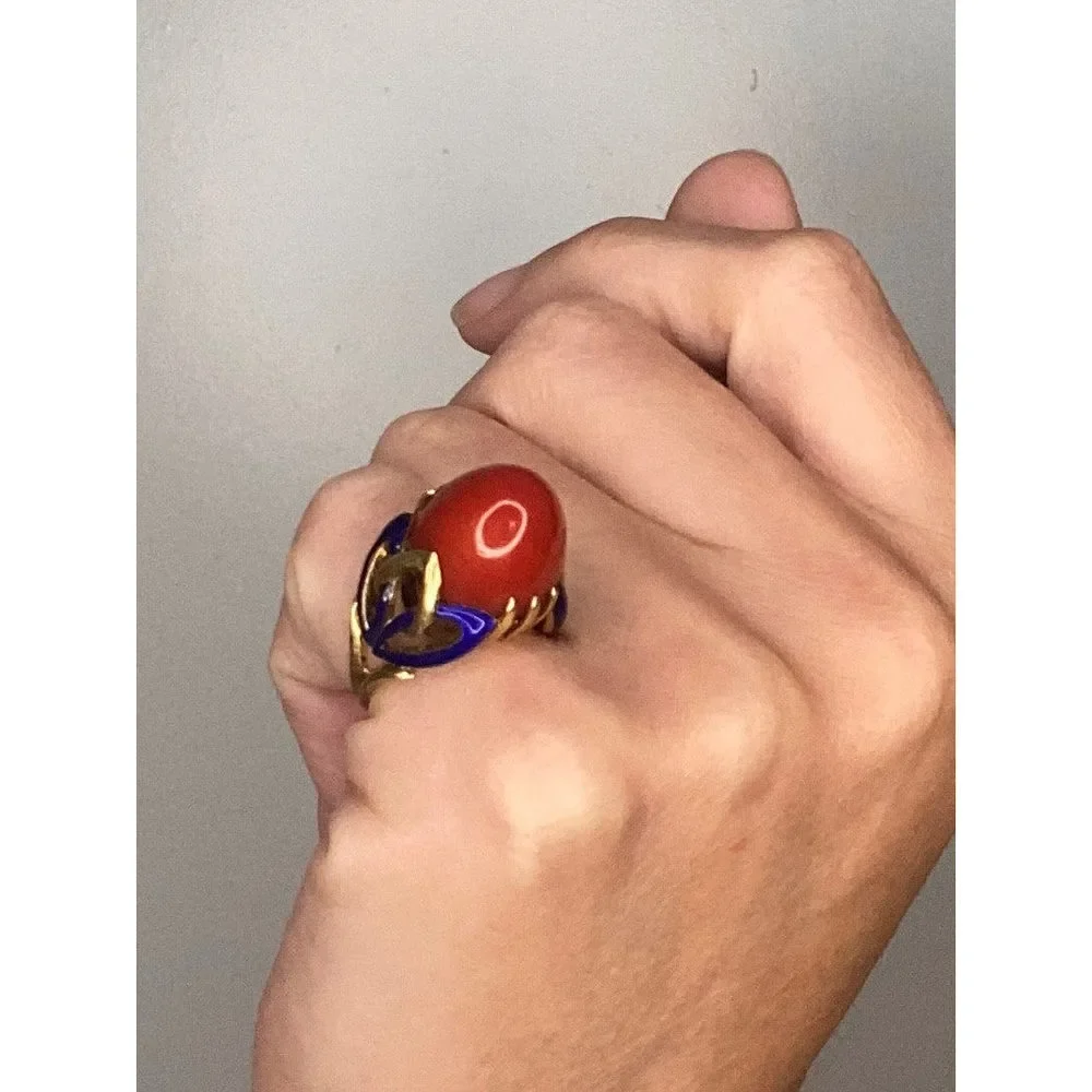 Art Deco 1930 Enamelled Cocktail Ring 18Kt Red Ox Blood Coral - Picture 2 of 7